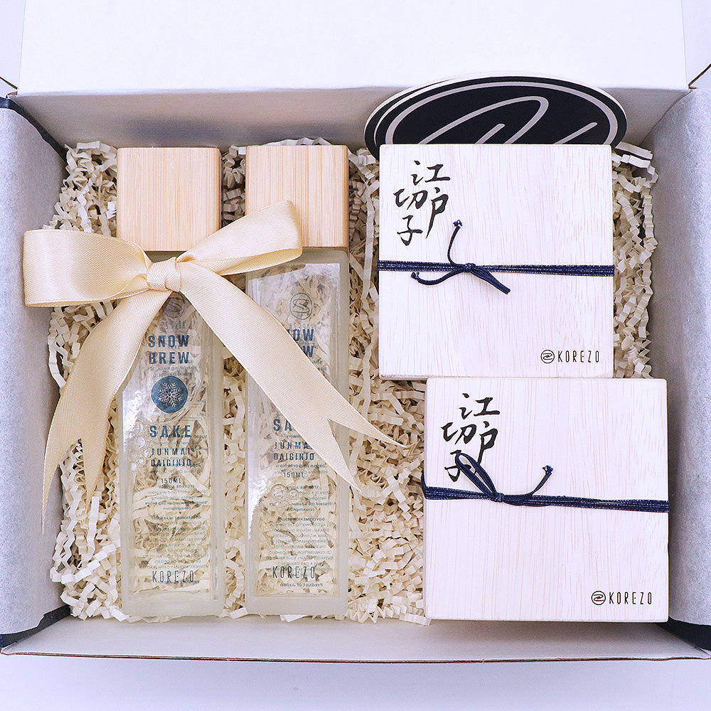 Japanese Sake KOREZO Original Snow Brew sake x2pcs, Blue & Pink sake glass x1 each, KOREZO Box