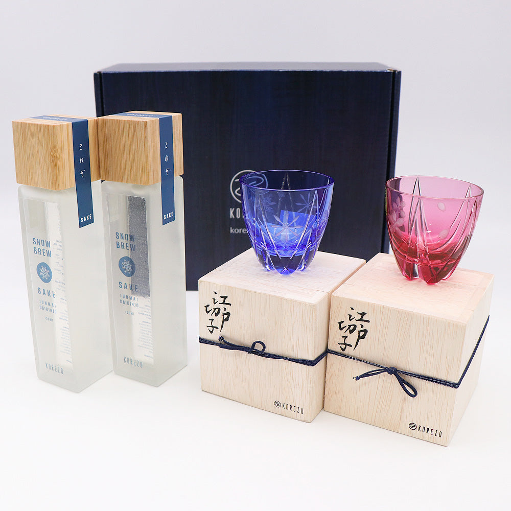 Japanese Sake KOREZO Original Snow Brew sake x2pcs, Blue & Pink sake glass x1 each, KOREZO Box